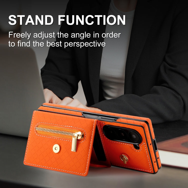For Samsung Galaxy Z Fold6 POLA Grid Texture Multi-Card Slots Zipper Wallet Phone Case