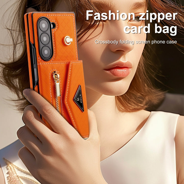 For Samsung Galaxy Z Fold6 POLA Grid Texture Multi-Card Slots Zipper Wallet Phone Case