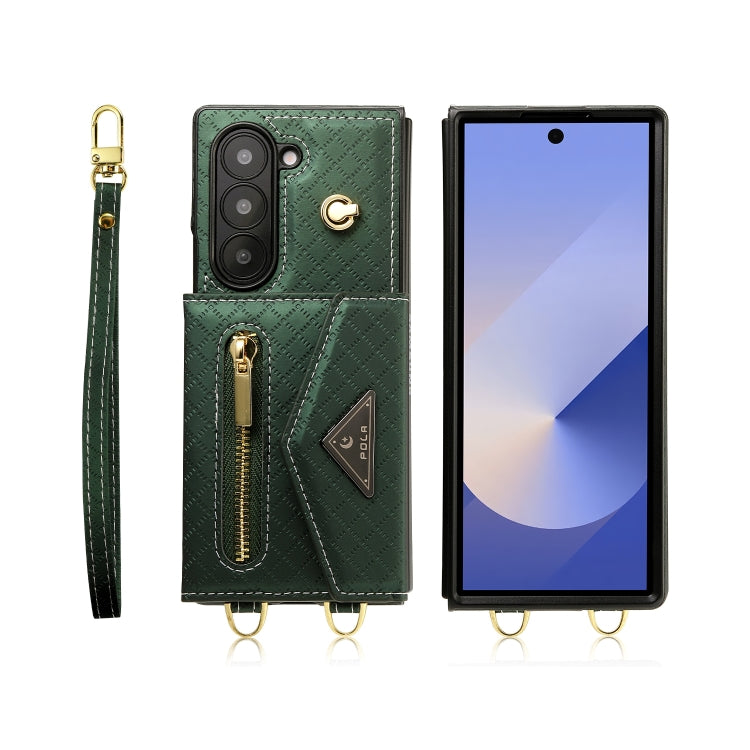 For Samsung Galaxy Z Fold6 POLA Grid Texture Multi-Card Slots Zipper Wallet Phone Case