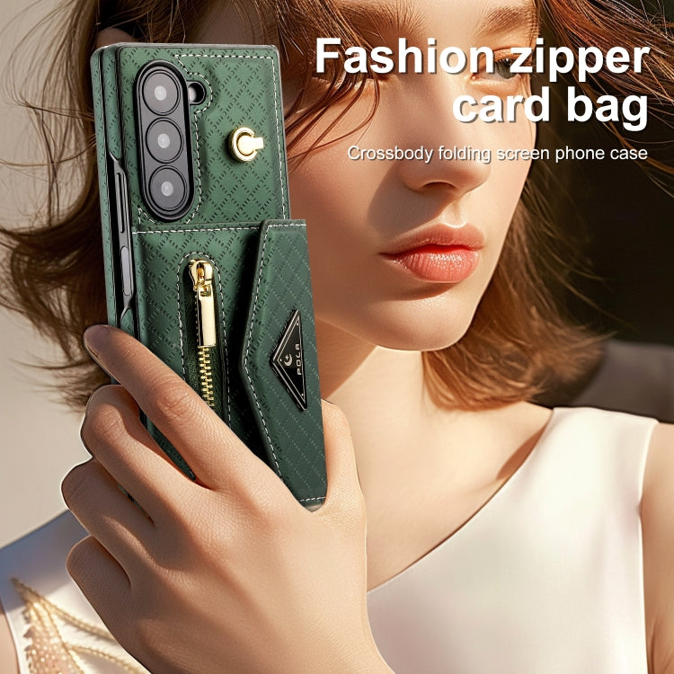 For Samsung Galaxy Z Fold6 POLA Grid Texture Multi-Card Slots Zipper Wallet Phone Case