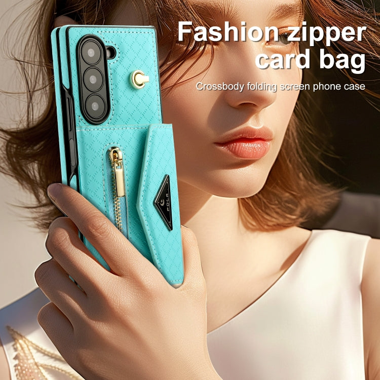 For Samsung Galaxy Z Fold6 POLA Grid Texture Multi-Card Slots Zipper Wallet Phone Case
