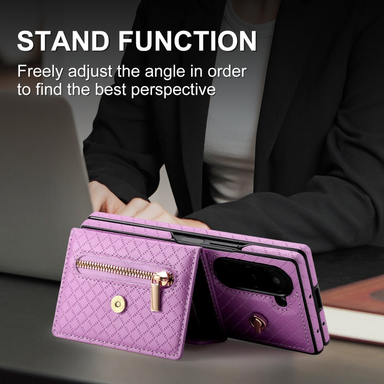 For Samsung Galaxy Z Fold6 POLA Grid Texture Multi-Card Slots Zipper Wallet Phone Case