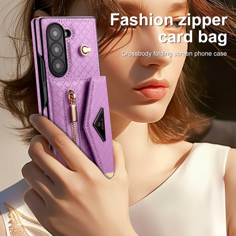For Samsung Galaxy Z Fold6 POLA Grid Texture Multi-Card Slots Zipper Wallet Phone Case