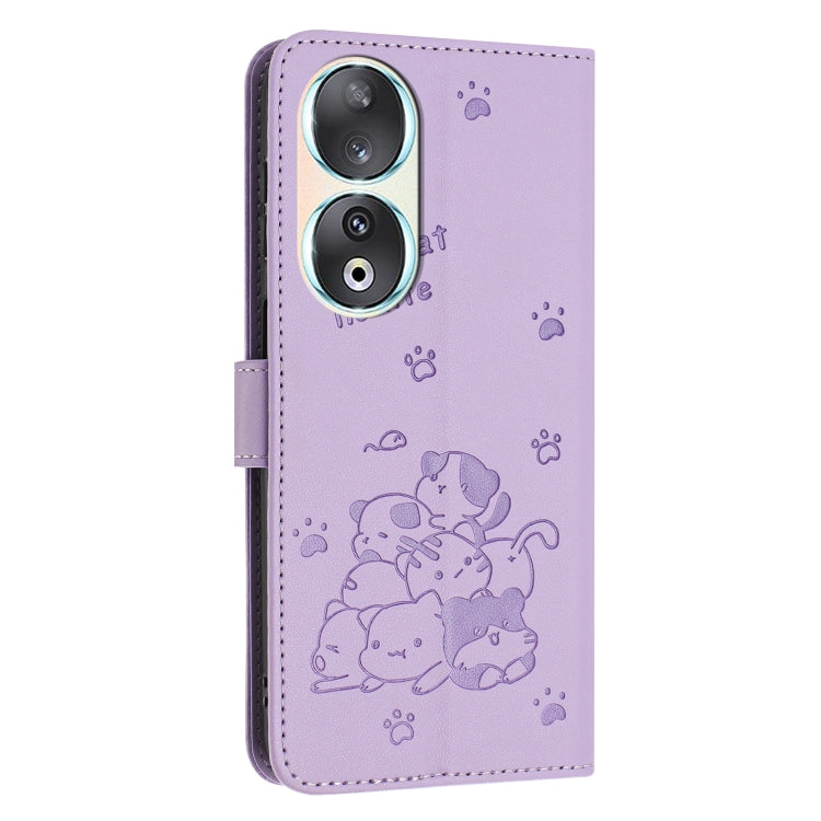 For Honor 90 Embossed Kitten Phone Leather Case with Lanyard