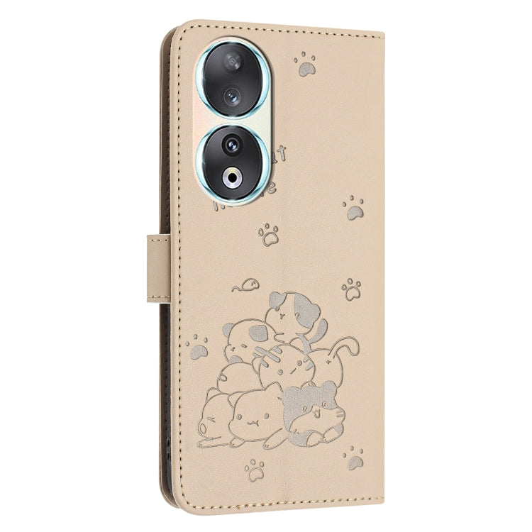 For Honor 90 Embossed Kitten Phone Leather Case with Lanyard