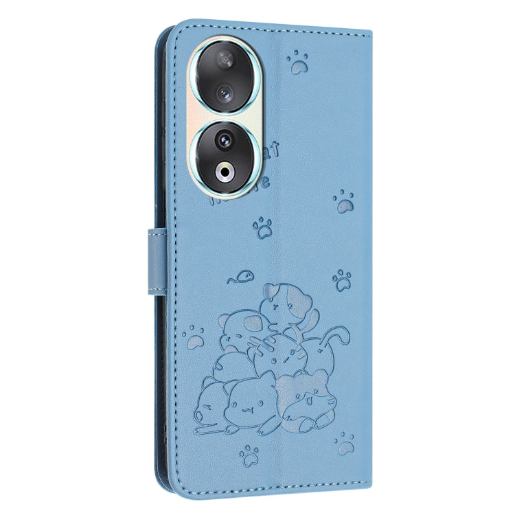 For Honor 90 Embossed Kitten Phone Leather Case with Lanyard