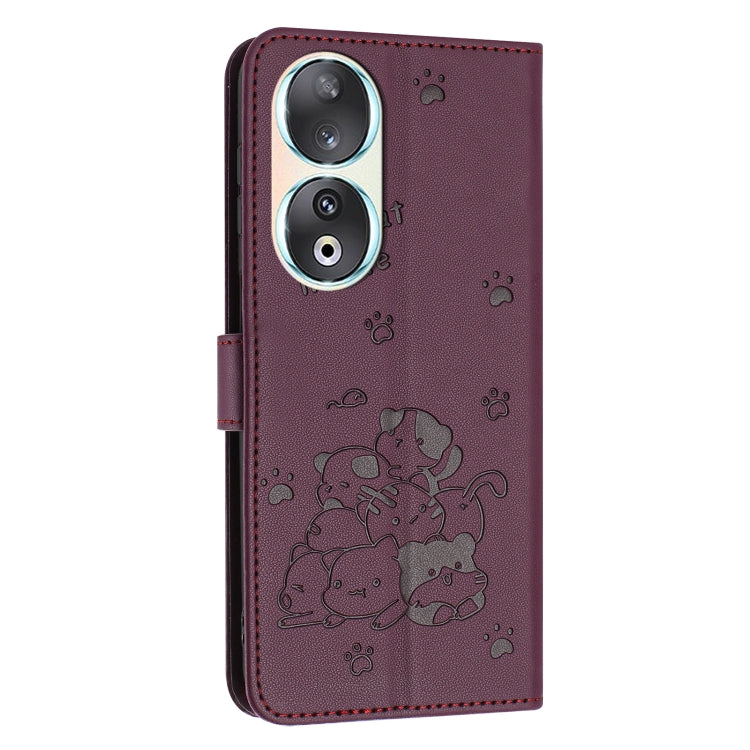 For Honor 90 Embossed Kitten Phone Leather Case with Lanyard