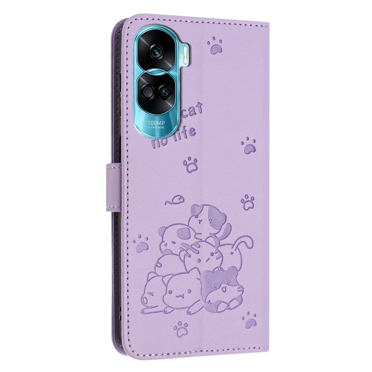 For Honor 90 Lite / X50i 5G Embossed Kitten Phone Leather Case with Lanyard
