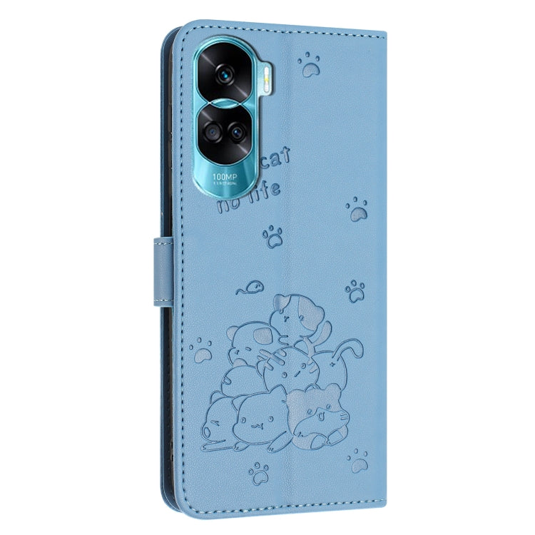 For Honor 90 Lite / X50i 5G Embossed Kitten Phone Leather Case with Lanyard