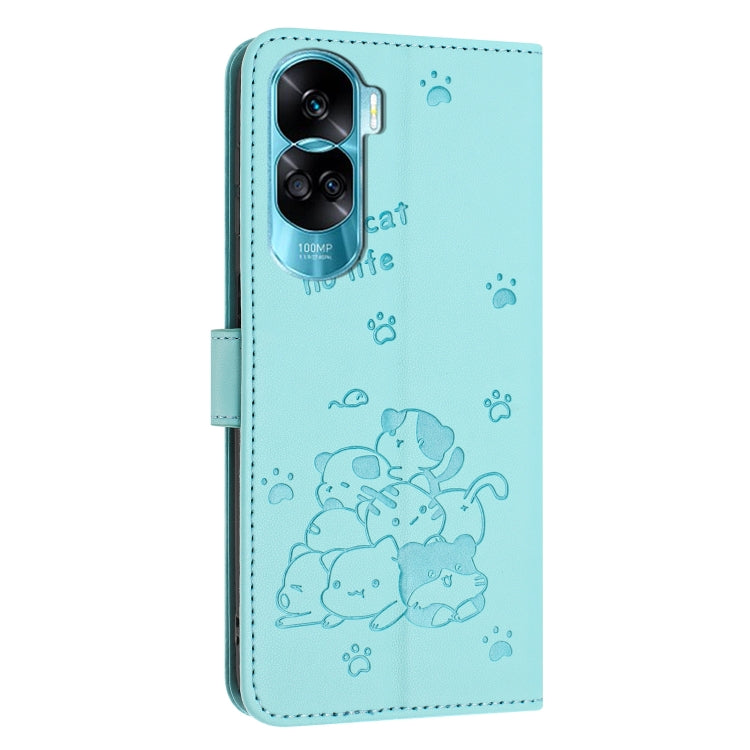 For Honor 90 Lite / X50i 5G Embossed Kitten Phone Leather Case with Lanyard