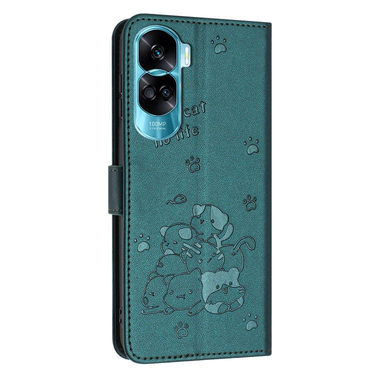 For Honor 90 Lite / X50i 5G Embossed Kitten Phone Leather Case with Lanyard