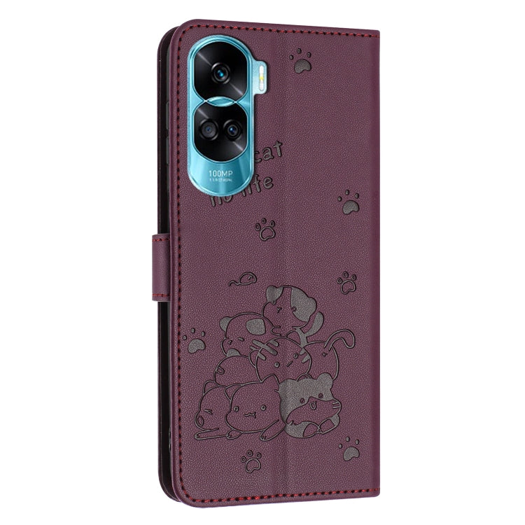 For Honor 90 Lite / X50i 5G Embossed Kitten Phone Leather Case with Lanyard