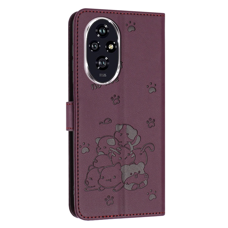 For Honor 200 5G Embossed Kitten Phone Leather Case with Lanyard