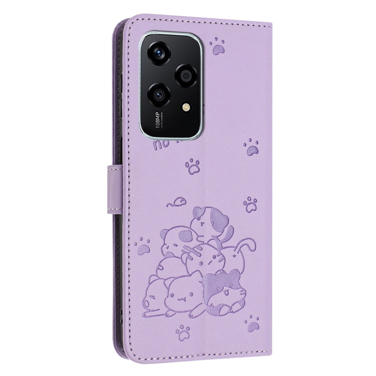 For Honor 200 Lite 5G Global Embossed Kitten Phone Leather Case with Lanyard