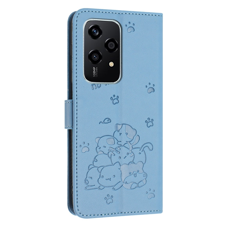 For Honor 200 Lite 5G Global Embossed Kitten Phone Leather Case with Lanyard