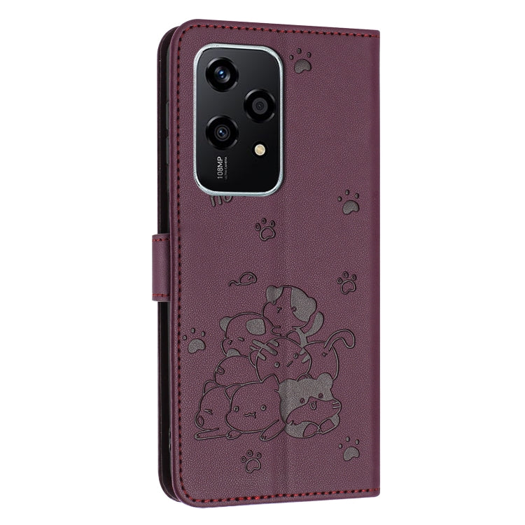 For Honor 200 Lite 5G Global Embossed Kitten Phone Leather Case with Lanyard