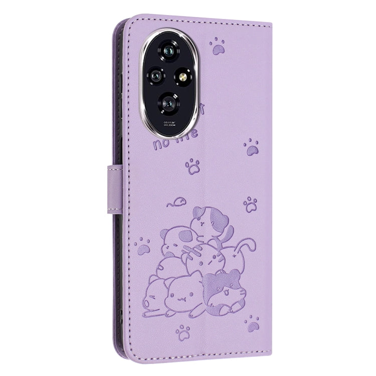 For Honor 200 Pro 5G Embossed Kitten Phone Leather Case with Lanyard