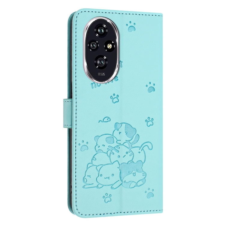 For Honor 200 Pro 5G Embossed Kitten Phone Leather Case with Lanyard