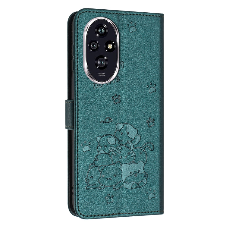 For Honor 200 Pro 5G Embossed Kitten Phone Leather Case with Lanyard