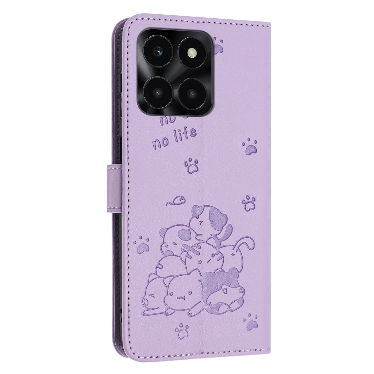 For Honor X6a / X6b Embossed Kitten Phone Leather Case with Lanyard