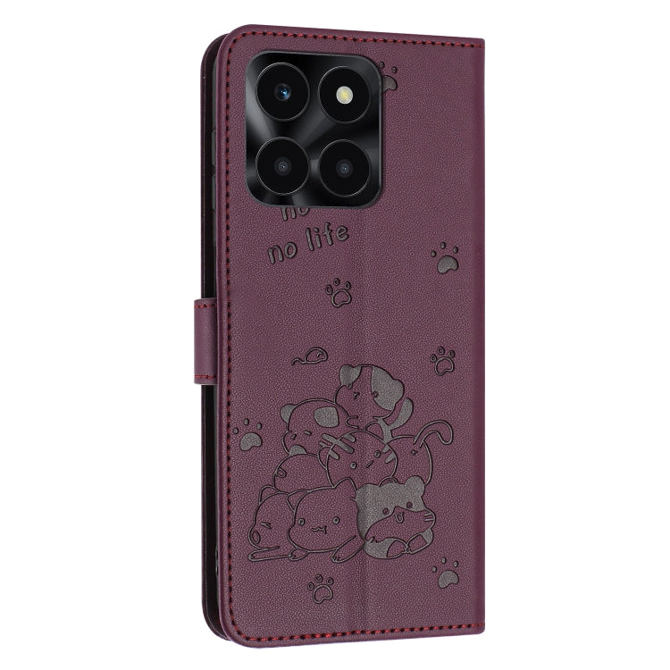 For Honor X6a / X6b Embossed Kitten Phone Leather Case with Lanyard