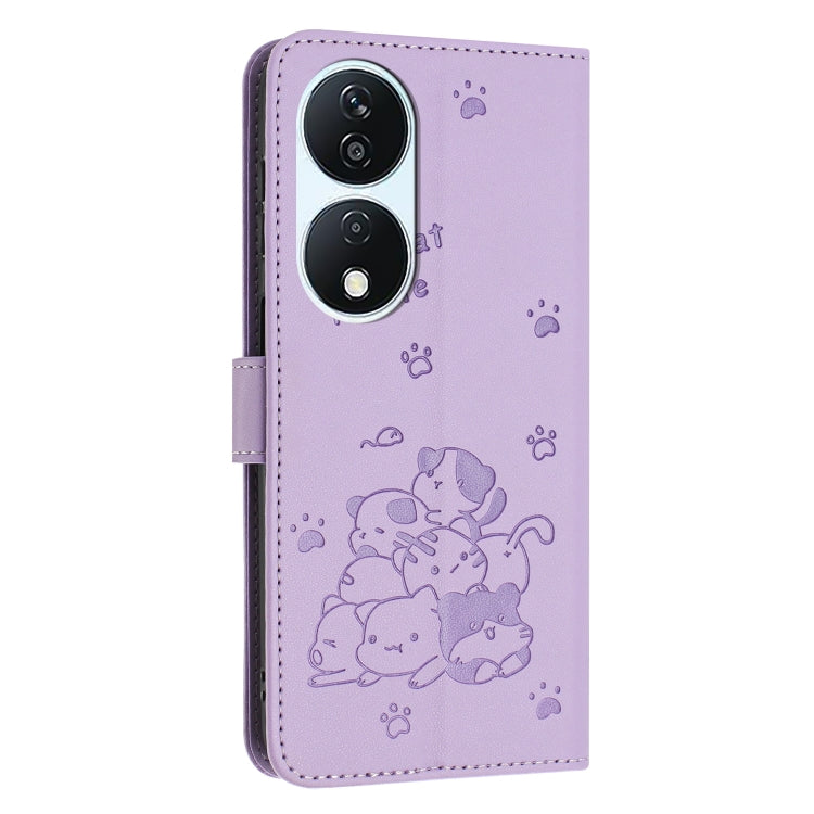For Honor X7b 4G / 5G Embossed Kitten Phone Leather Case with Lanyard