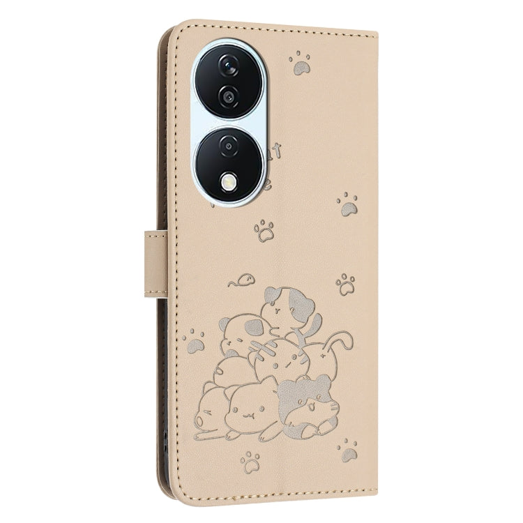 For Honor X7b 4G / 5G Embossed Kitten Phone Leather Case with Lanyard