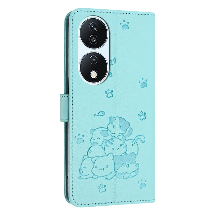 For Honor X7b 4G / 5G Embossed Kitten Phone Leather Case with Lanyard