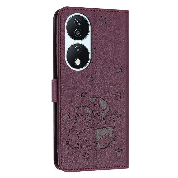 For Honor X7b 4G / 5G Embossed Kitten Phone Leather Case with Lanyard
