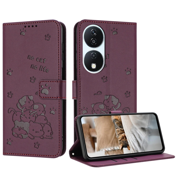For Honor X7b 4G / 5G Embossed Kitten Phone Leather Case with Lanyard