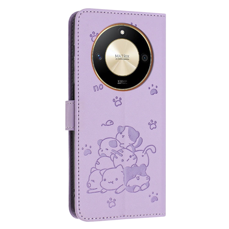 For Honor X50 / X9b Embossed Kitten Phone Leather Case with Lanyard