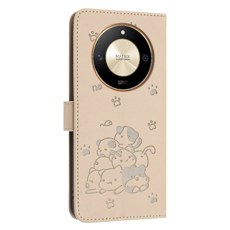 For Honor X50 / X9b Embossed Kitten Phone Leather Case with Lanyard