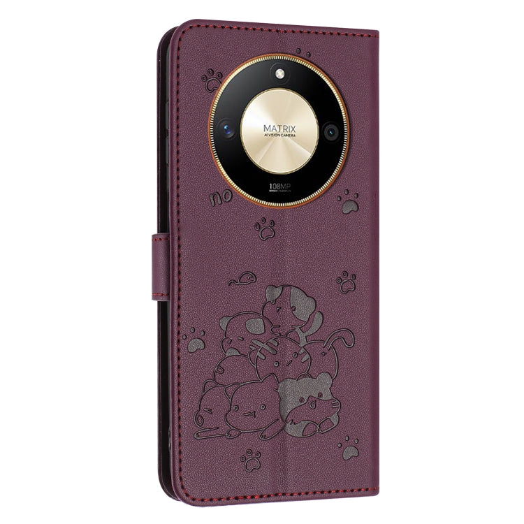 For Honor X50 / X9b Embossed Kitten Phone Leather Case with Lanyard