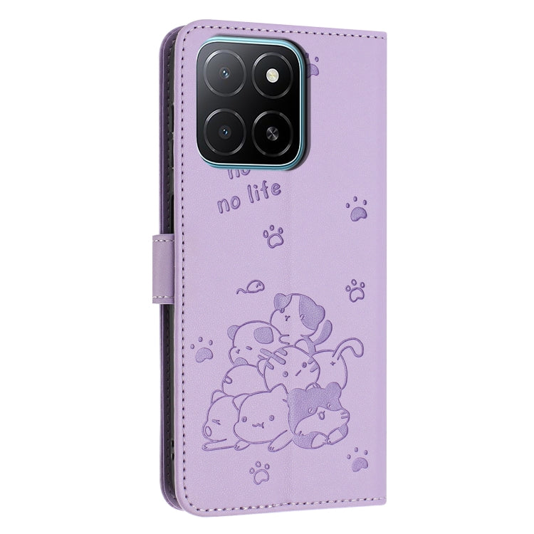 For Honor X5b / X5b Plus Embossed Kitten Phone Leather Case with Lanyard