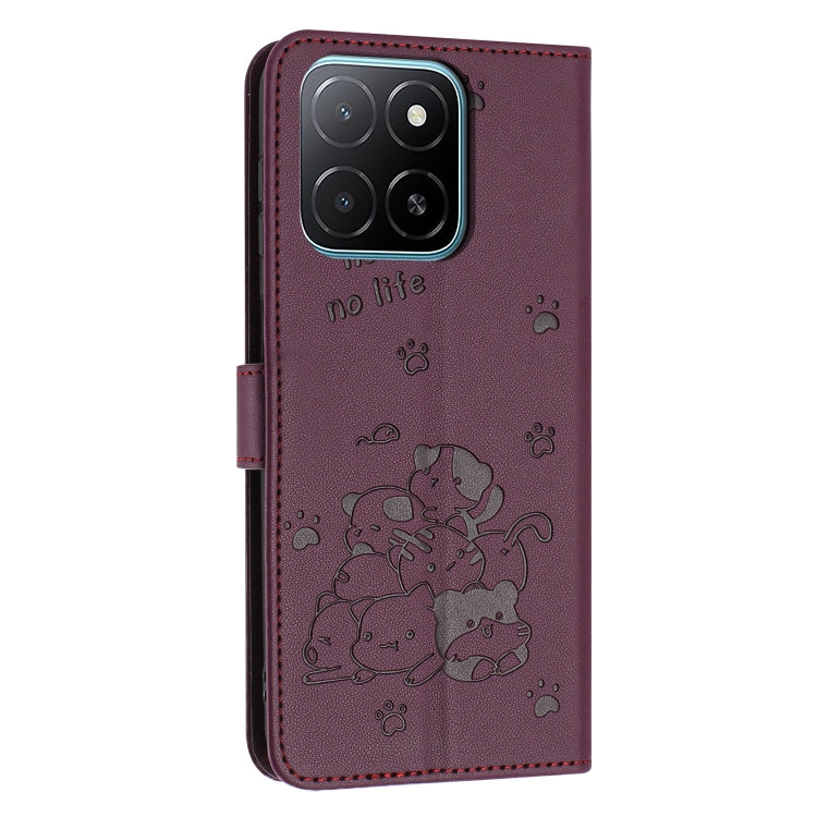 For Honor X5b / X5b Plus Embossed Kitten Phone Leather Case with Lanyard