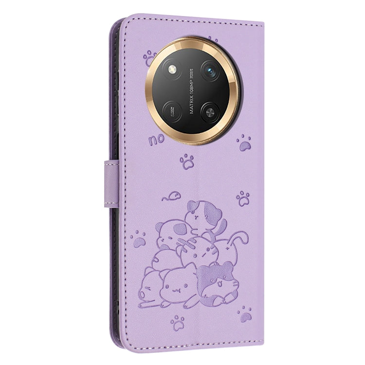For Honor X9c Embossed Kitten Phone Leather Case with Lanyard