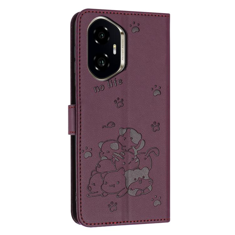 For Honor 300 Embossed Kitten Phone Leather Case with Lanyard