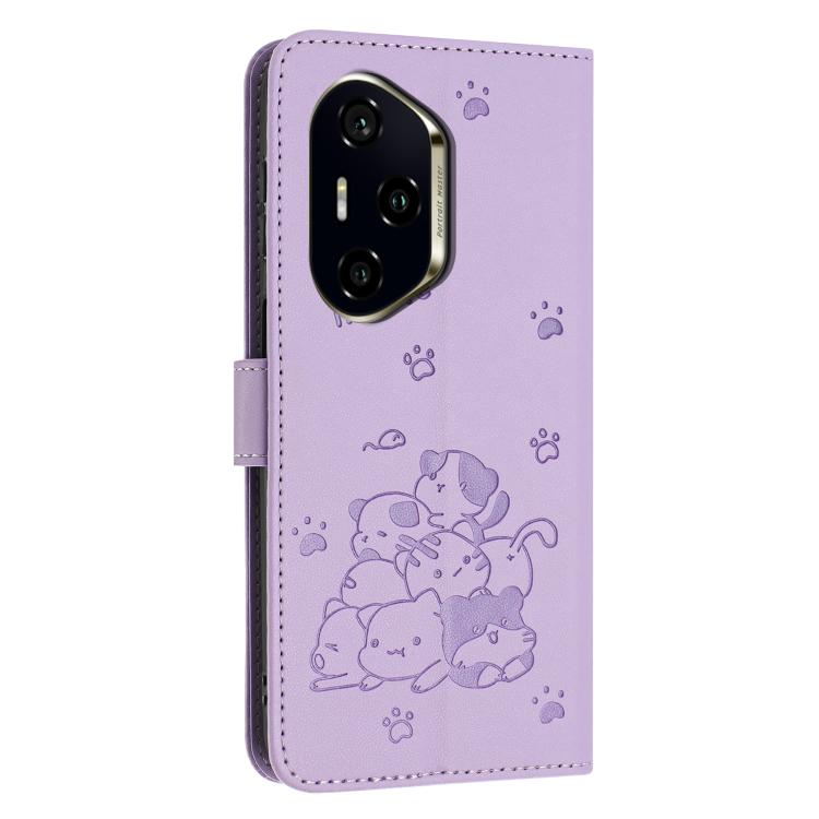 For Honor 300 Pro Embossed Kitten Phone Leather Case with Lanyard