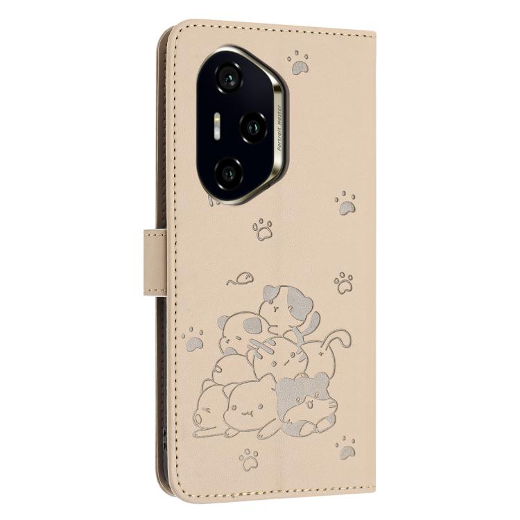For Honor 300 Pro Embossed Kitten Phone Leather Case with Lanyard