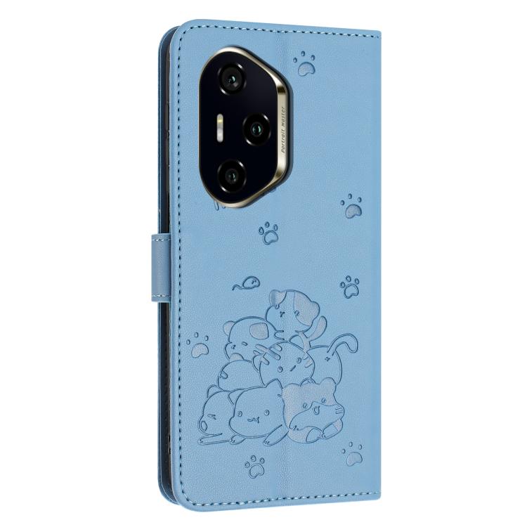 For Honor 300 Pro Embossed Kitten Phone Leather Case with Lanyard