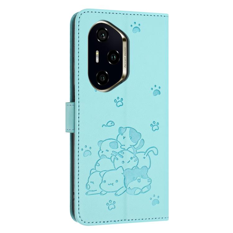 For Honor 300 Pro Embossed Kitten Phone Leather Case with Lanyard