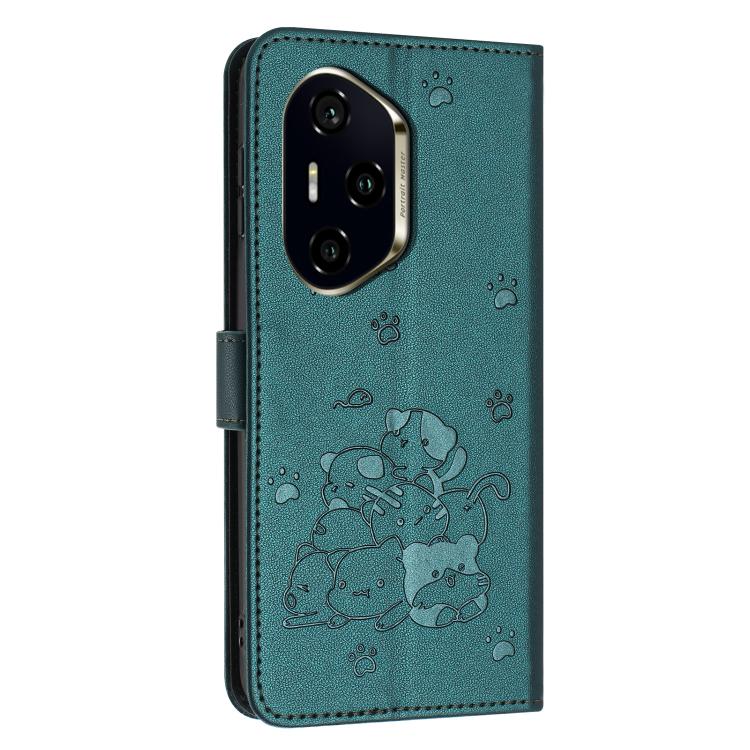 For Honor 300 Pro Embossed Kitten Phone Leather Case with Lanyard