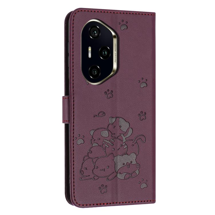 For Honor 300 Pro Embossed Kitten Phone Leather Case with Lanyard