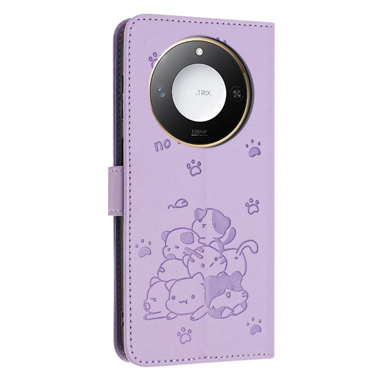 For Honor X60 / X9c Smart Embossed Kitten Phone Leather Case with Lanyard