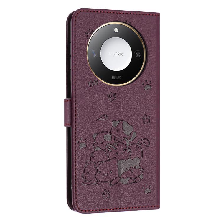 For Honor X60 / X9c Smart Embossed Kitten Phone Leather Case with Lanyard