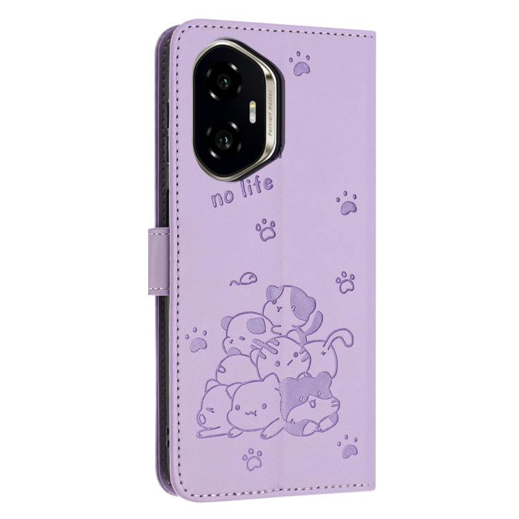 For Honor 400 Global 156.5mm Embossed Kitten Phone Leather Case with Lanyard