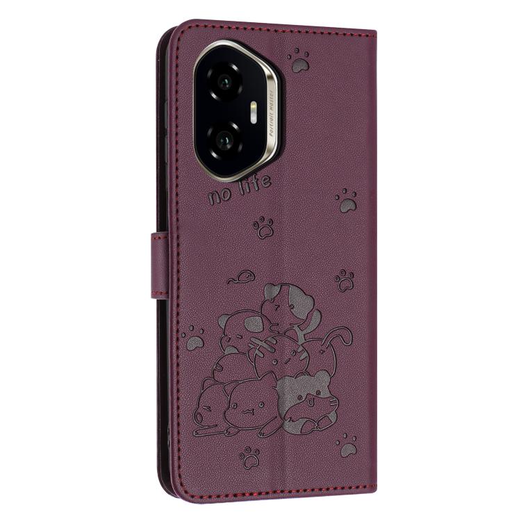 For Honor 400 Global 156.5mm Embossed Kitten Phone Leather Case with Lanyard