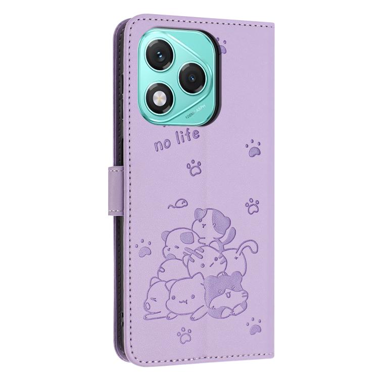 For Honor 400 Lite Global Embossed Kitten Phone Leather Case with Lanyard