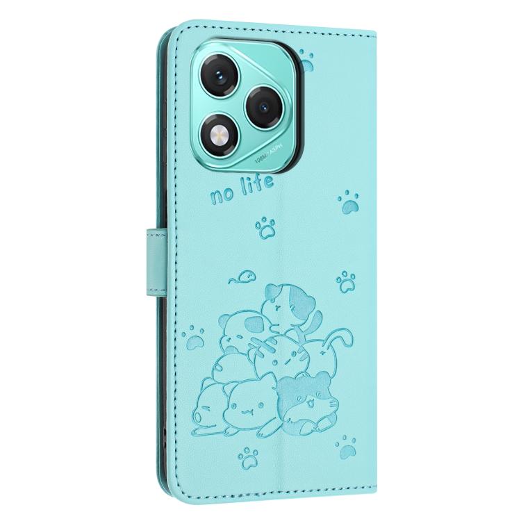 For Honor 400 Lite Global Embossed Kitten Phone Leather Case with Lanyard