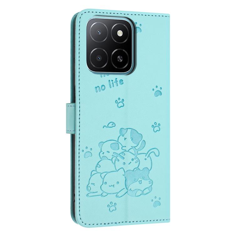 For Honor X6c 4G Embossed Kitten Phone Leather Case with Lanyard